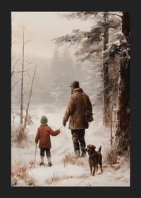 Adulto y niño ilustrados con perro en un entorno de bosque nevado.-5