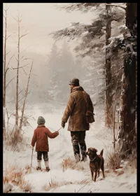 Illustrated adult and child with dog in snowy forest environment-6