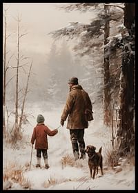 Plakat med et maleri af en far, søn og hund på vandretur-2