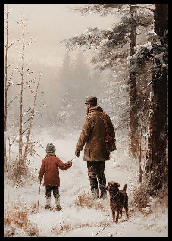 Plakat med et maleri af en far, søn og hund på vandretur-12