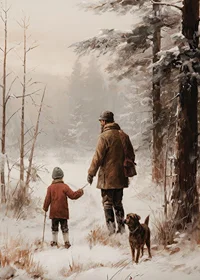 Illustrated adult and child with dog in snowy forest environment-7