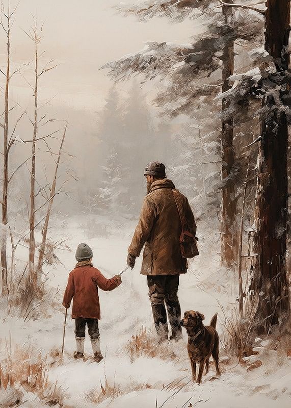 Plakat med et maleri af en far, søn og hund på vandretur-12