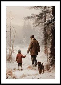 Illustrated adult and child with dog in snowy forest environment-0