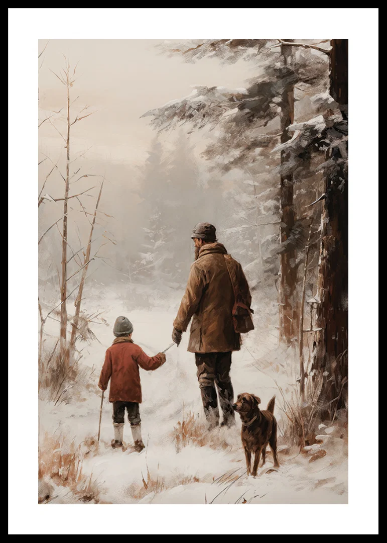 Illustrated adult and child with dog in snowy forest environment-12