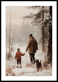 Plakat med et maleri af en far, søn og hund på vandretur-0