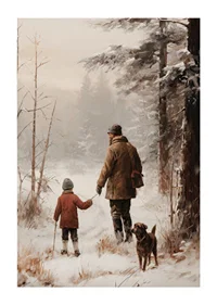 Illustrated adult and child with dog in snowy forest environment-1