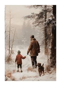 Plakat med et maleri af en far, søn og hund på vandretur-1