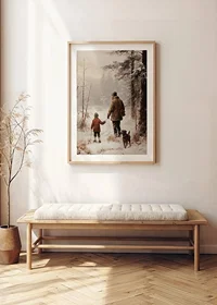 Illustrated adult and child with dog in snowy forest environment-8
