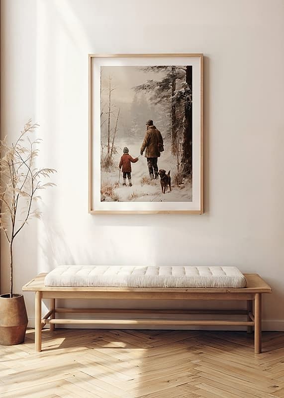 Plakat med et maleri af en far, søn og hund på vandretur-12