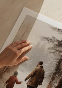 Illustrated adult and child with dog in snowy forest environment-9