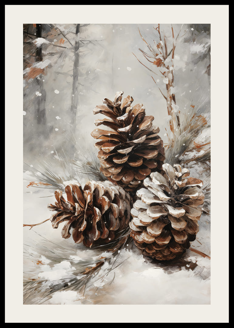 Piñas pintadas con nieve sobre las agujas en un paisaje forestal invernal-12