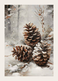 Piñas pintadas con nieve sobre las agujas en un paisaje forestal invernal-3