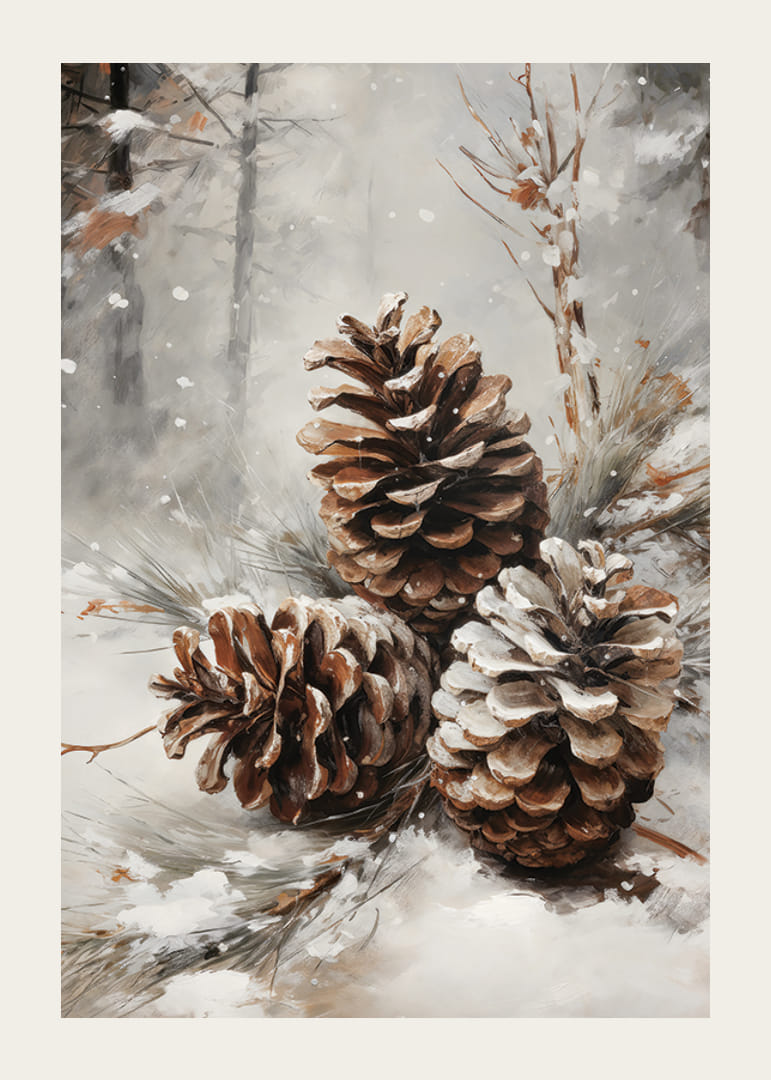 Piñas pintadas con nieve sobre las agujas en un paisaje forestal invernal-12