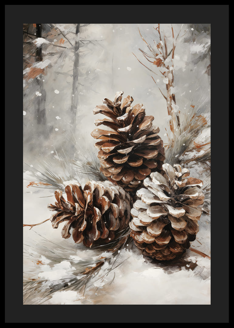 Piñas pintadas con nieve sobre las agujas en un paisaje forestal invernal-12