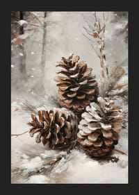 Piñas pintadas con nieve sobre las agujas en un paisaje forestal invernal-5