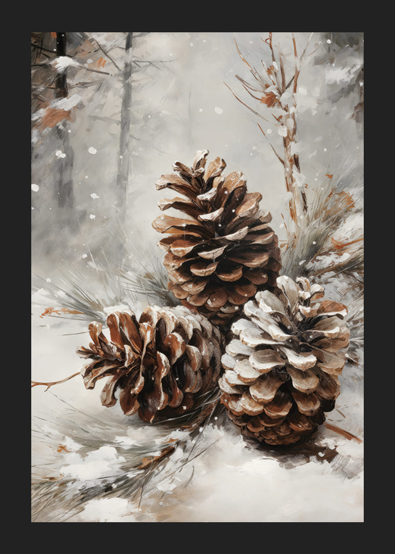 Piñas pintadas con nieve sobre las agujas en un paisaje forestal invernal-12