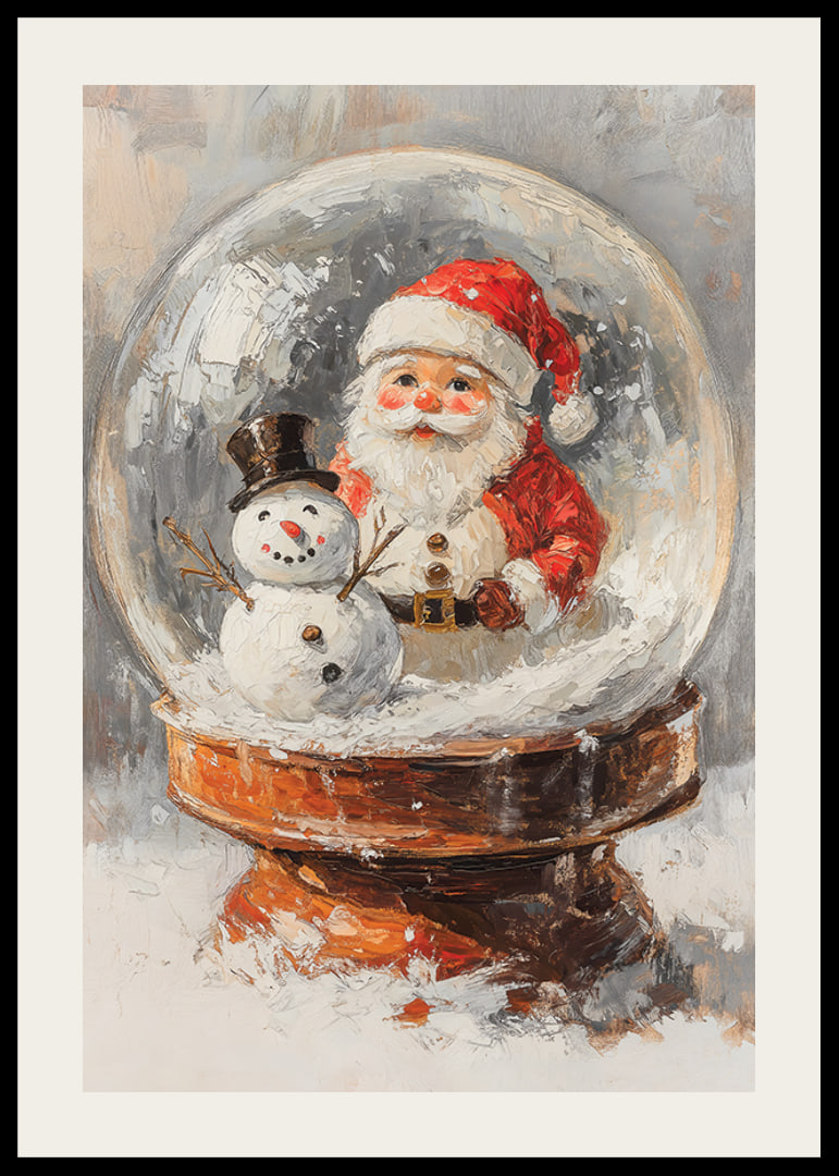 Målad snöglob med jultomte och snögubbe i varma färger-12