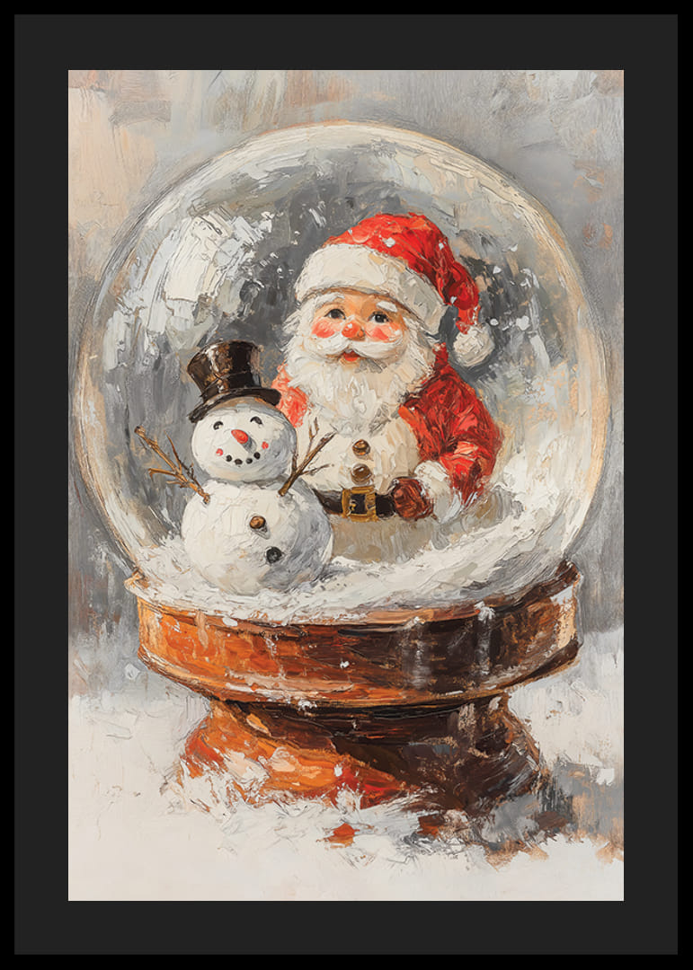 Maľovaná snehová guľa so Santa Clausom a snehuliakom v teplých farbách-12