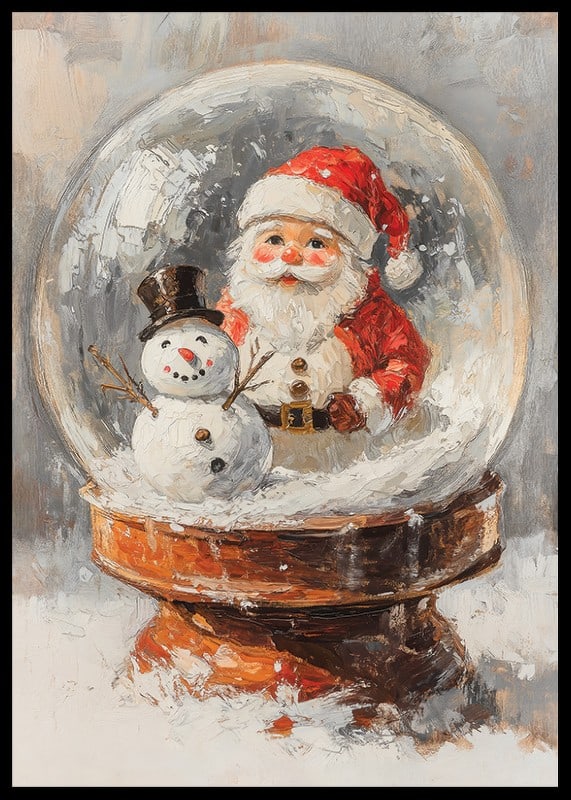 Målad snöglob med jultomte och snögubbe i varma färger-12