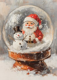 Målad snöglob med jultomte och snögubbe i varma färger-7