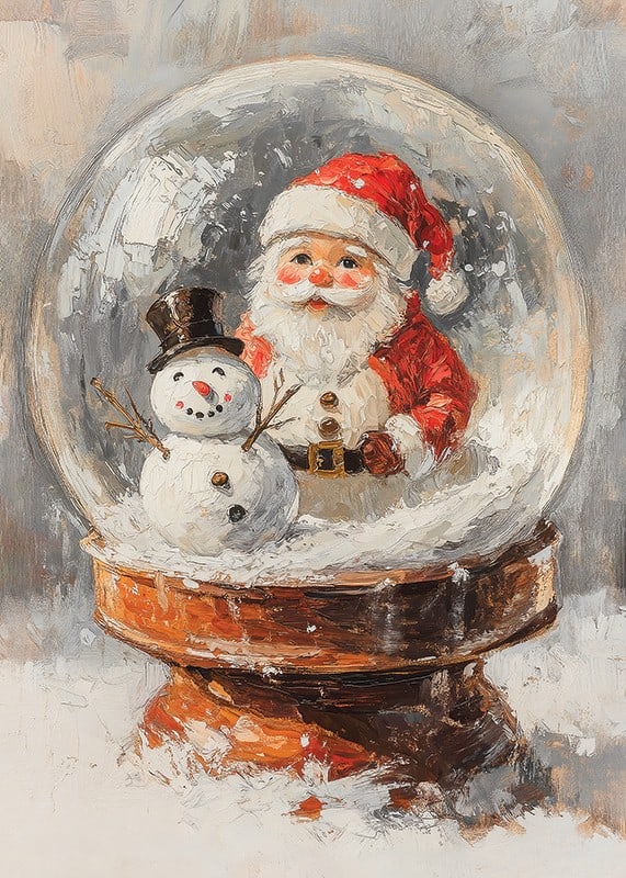 Målad snöglob med jultomte och snögubbe i varma färger-12