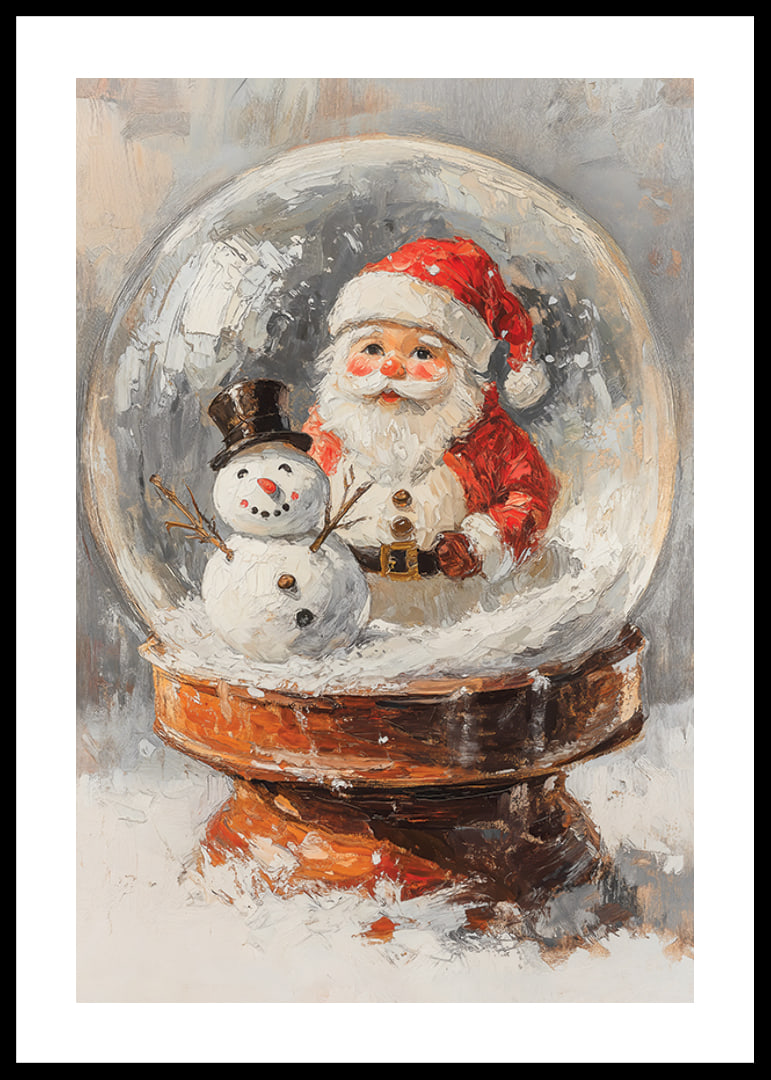 Målad snöglob med jultomte och snögubbe i varma färger-12