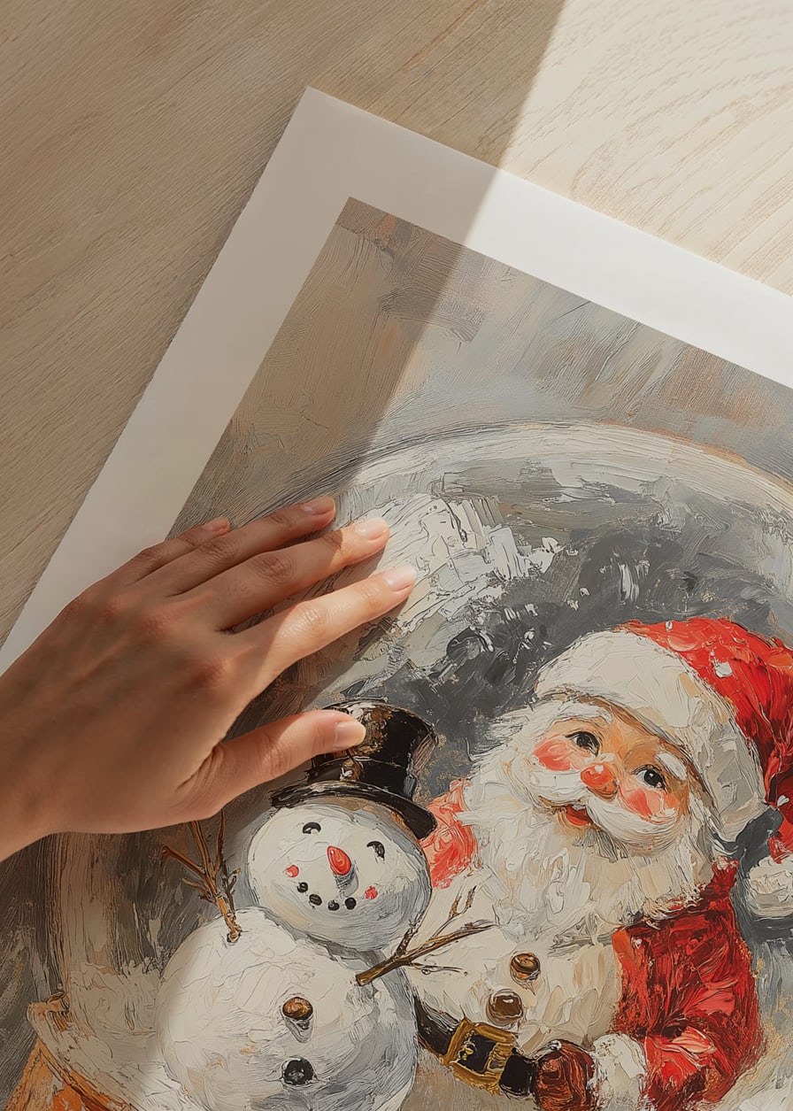 Målad snöglob med jultomte och snögubbe i varma färger-12