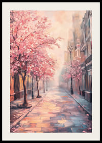 Dipinto ad olio di una strada cittadina con alberi rosa in fiore-2