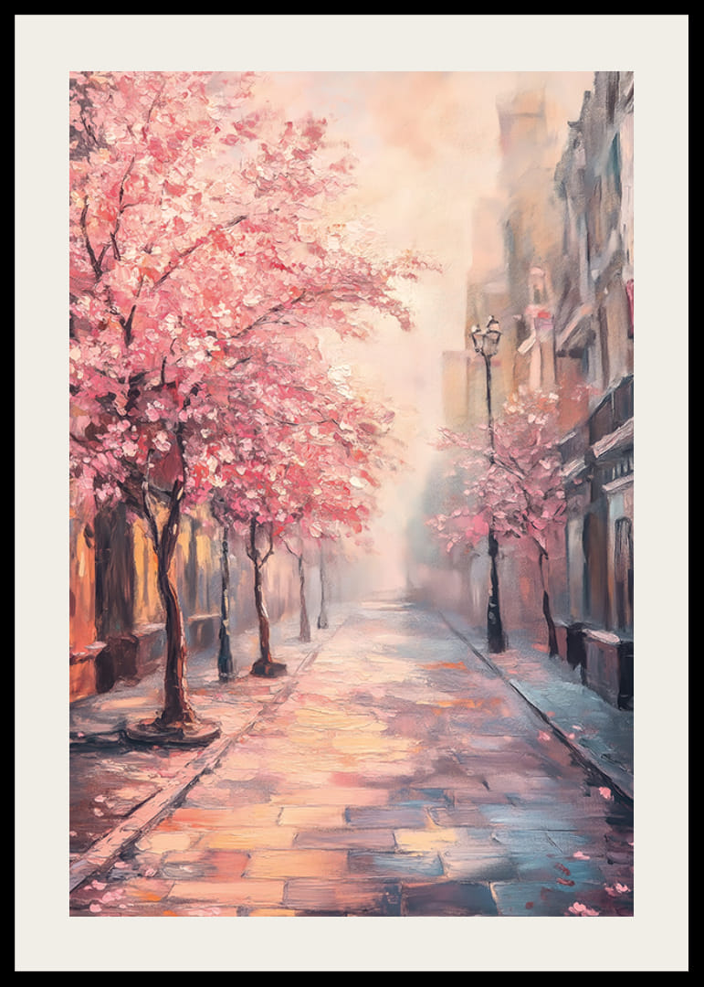 Dipinto ad olio di una strada cittadina con alberi rosa in fiore-12