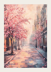 Oil painting of city street with blooming pink trees-3