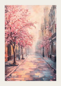 Dipinto ad olio di una strada cittadina con alberi rosa in fiore-3