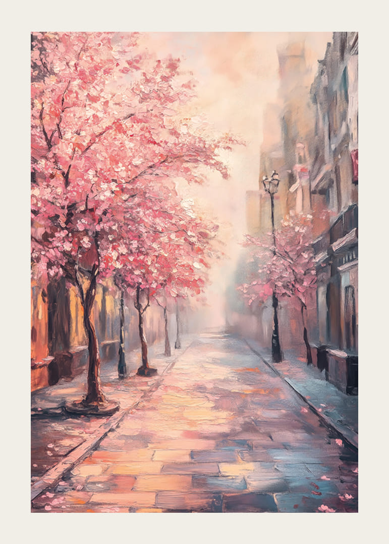 Dipinto ad olio di una strada cittadina con alberi rosa in fiore-12