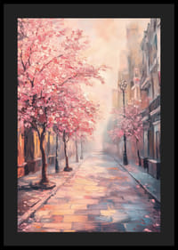 Dipinto ad olio di una strada cittadina con alberi rosa in fiore-4