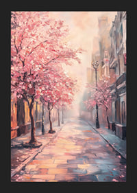 Oil painting of city street with blooming pink trees-5