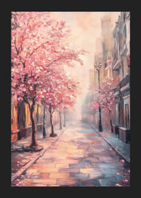 Dipinto ad olio di una strada cittadina con alberi rosa in fiore-5