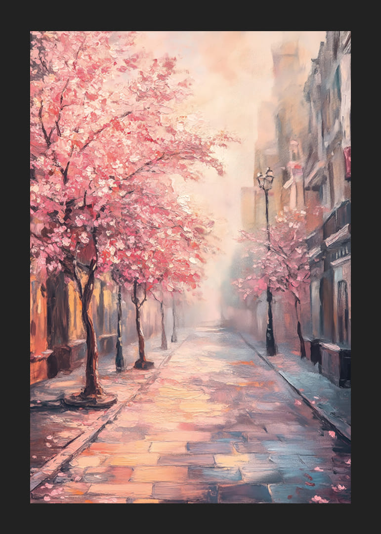Dipinto ad olio di una strada cittadina con alberi rosa in fiore-12