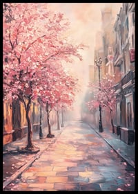 Oil painting of city street with blooming pink trees-6