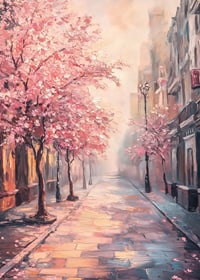 Oil painting of city street with blooming pink trees-7
