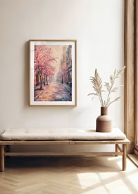 Oil painting of city street with blooming pink trees-8
