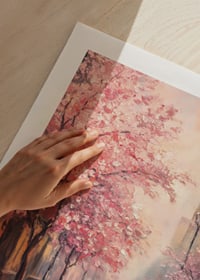 Oil painting of city street with blooming pink trees-9