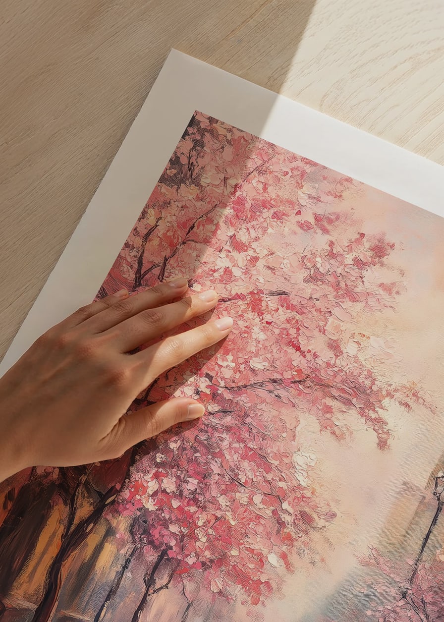 Oil painting of city street with blooming pink trees-12