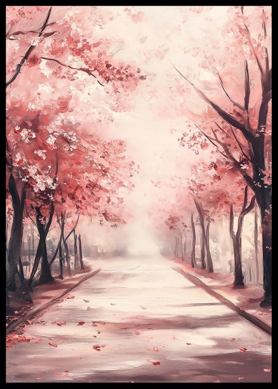 Oil painting of avenue with pink cherry trees in bloom-12