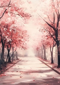 Oil painting of avenue with pink cherry trees in bloom-7