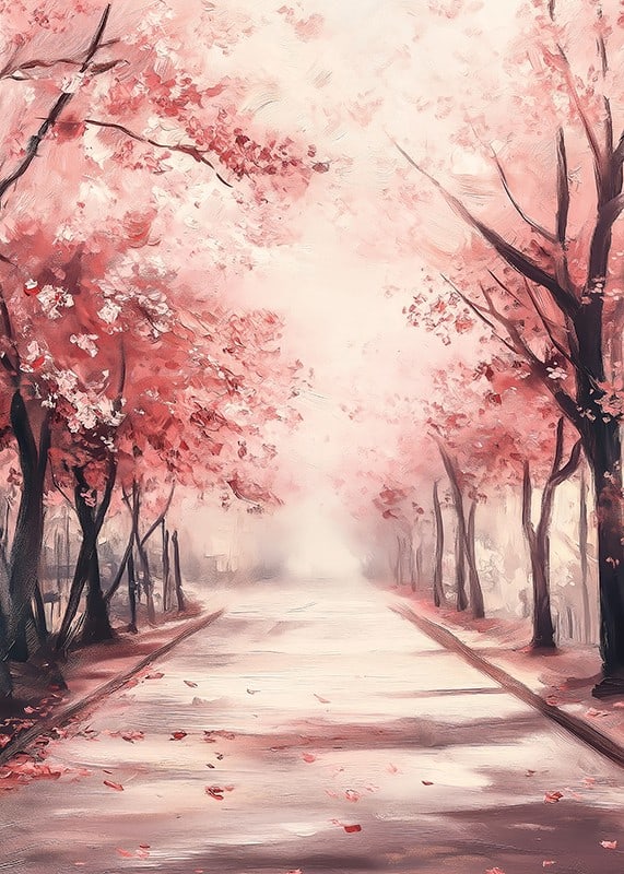 Oil painting of avenue with pink cherry trees in bloom-12