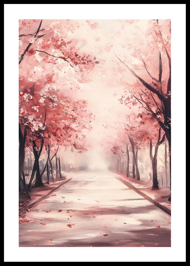 Oil painting of avenue with pink cherry trees in bloom-12