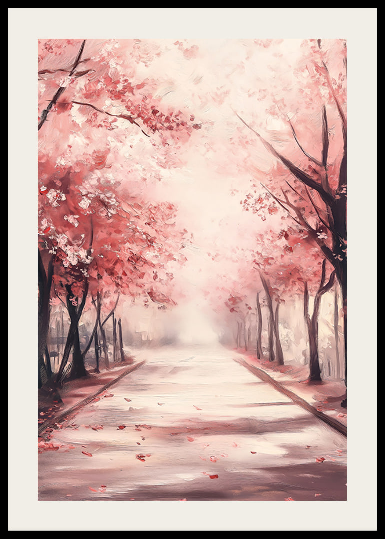 Oil painting of avenue with pink cherry trees in bloom-12