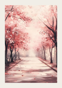 Oljemålning av allé med rosa körsbärsträd i blom-3