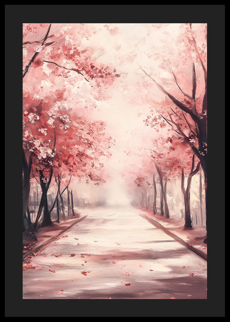 Oljemålning av allé med rosa körsbärsträd i blom-12
