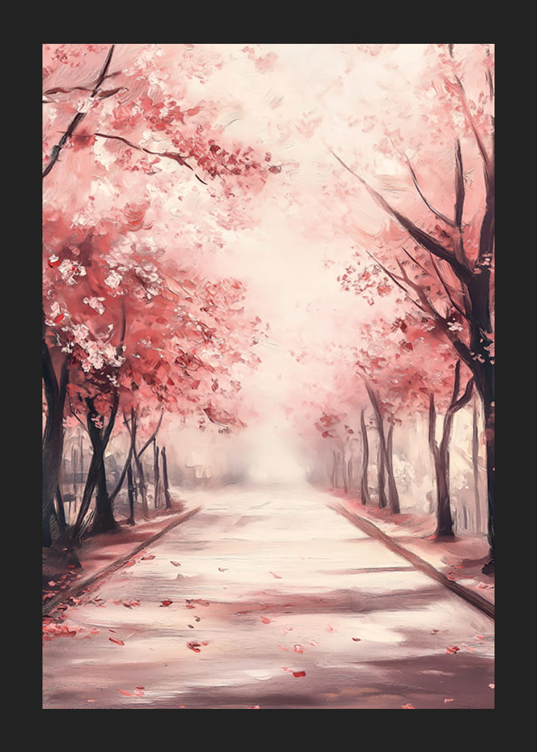 Oljemålning av allé med rosa körsbärsträd i blom-12