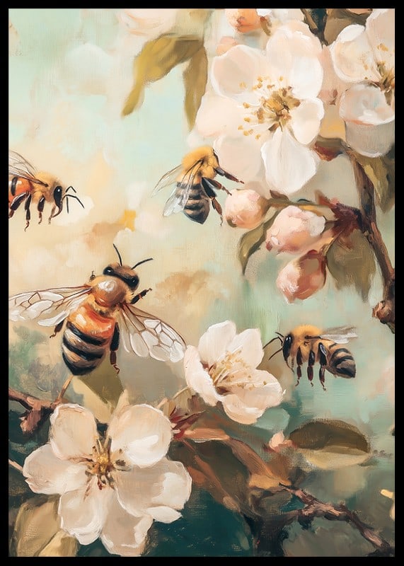 Oil painting of bees around white flowering apple branches-12